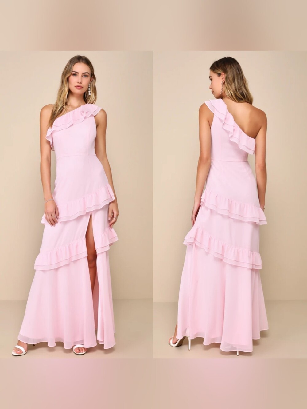 Lulus Brilliant Grace Light Pink Ruffled One-Shoulder Maxi Dress Wedding Party